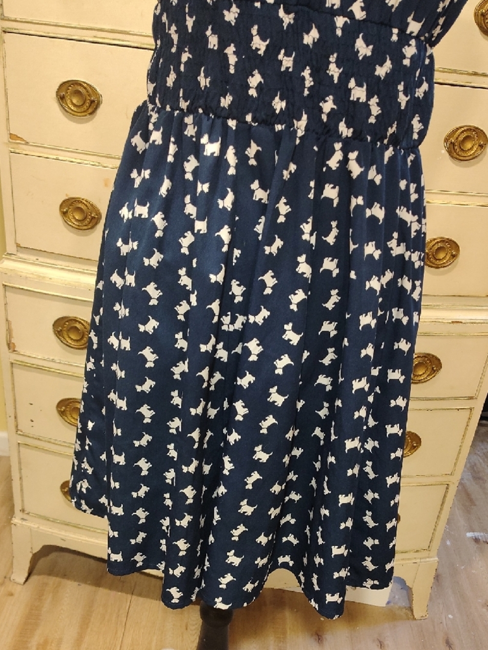 Derek Heart Navy V-Neck Smocked Waist Mini Dress with White Dog Print - Picture 7 of 11